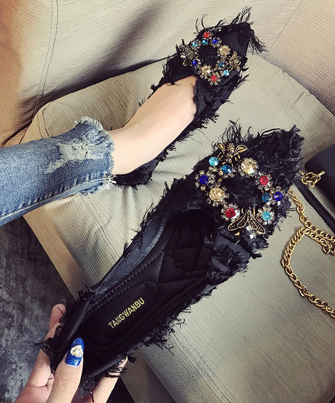 Fashion Black Flats Splicing Pointed Toe Sequined Zircon