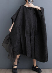 Fashion Black Floral Tulle Patchwork Maxi Asymmetrical Dress Batwing Sleeve