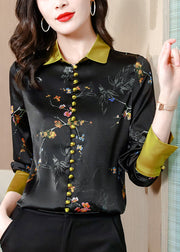 Fashion Black Gold Patchwork Peter Pan Collar Print Silk Shirts Long Sleeve