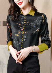 Fashion Black Gold Patchwork Peter Pan Collar Print Silk Shirts Long Sleeve