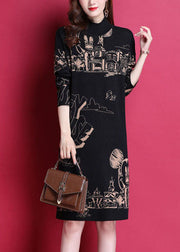 Fashion Black High Neck Print Thick Knit Holiday Dress Long Sleeve