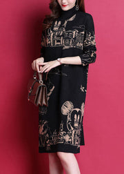 Fashion Black High Neck Print Thick Knit Holiday Dress Long Sleeve