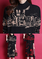 Fashion Black High Neck Print Thick Knit Holiday Dress Long Sleeve