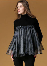 Fashion Black High Neck Tulle Patchwork Striped Knit Sweaters Spring