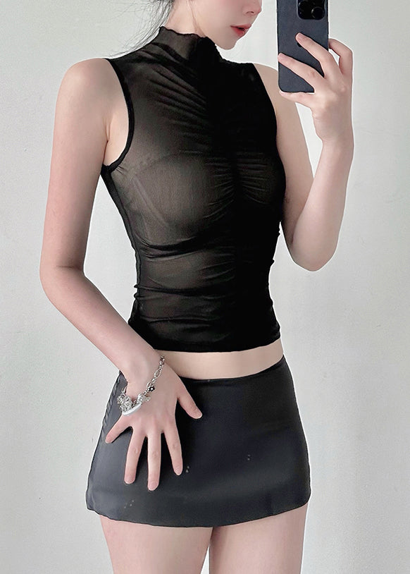 Fashion Black Hign Neck Wrinkled Tulle Top Sleeveless