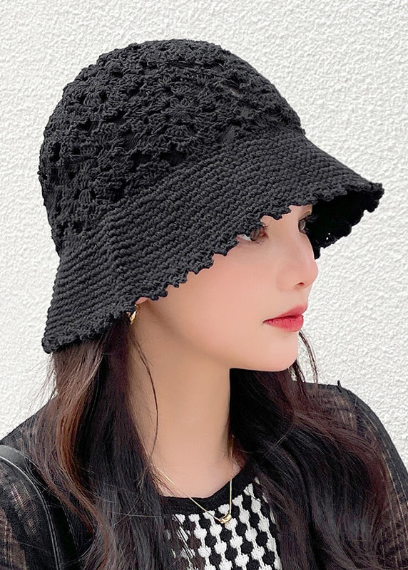 Fashion Black Hollow Out Floral Knitting Bucket Hat