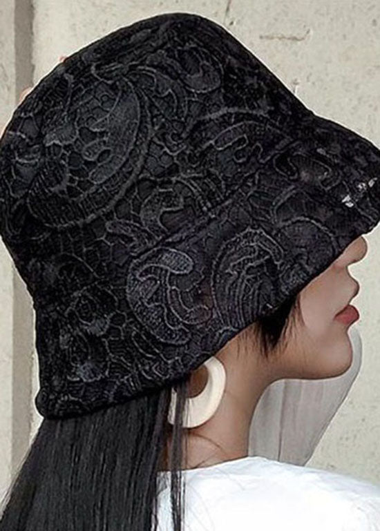 Fashion Black Hollow Out Floral Lace Bucket Hat