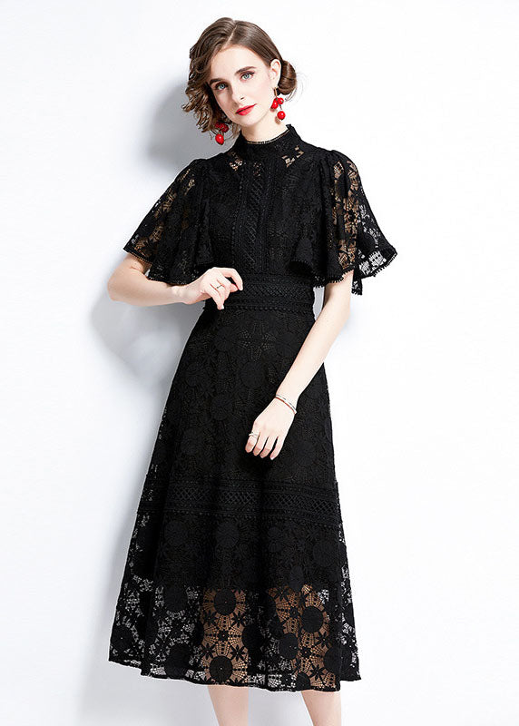 Fashion Black Hollow Out Patchwork Lace Dress Butterfly Sleeve