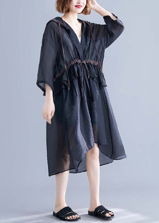 Fashion Black Hooded Cinched Ruffles Cotton Cardigan Summer