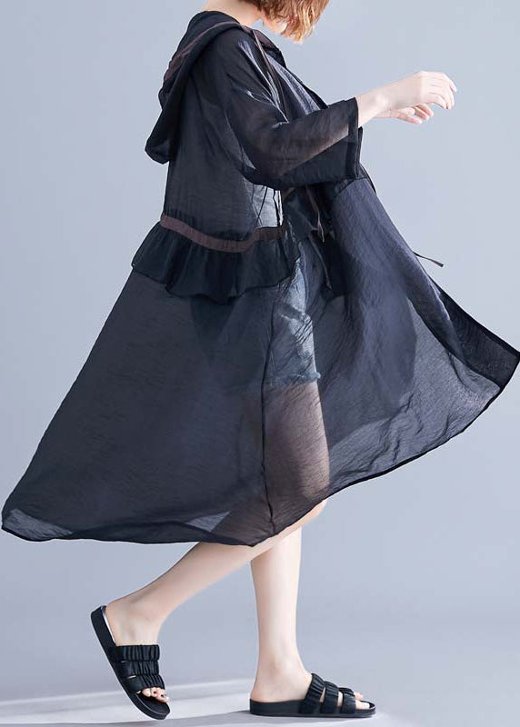 Fashion Black Hooded Cinched Ruffles Cotton Cardigan Summer