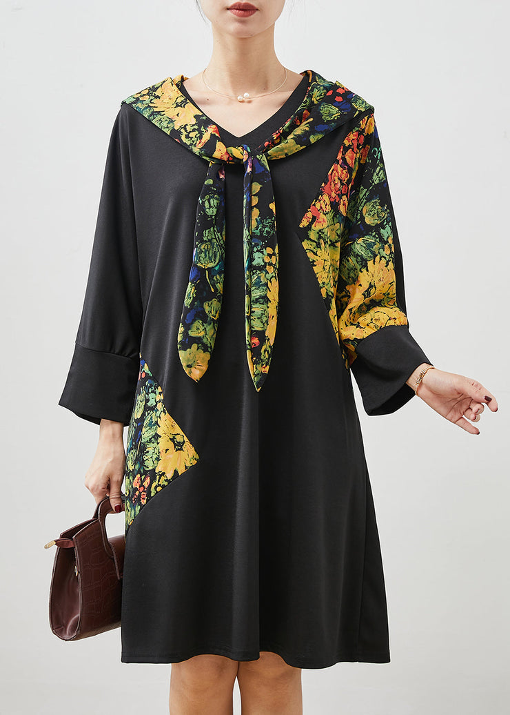 Fashion Black Hooded Patchwork Cotton Dress Spring