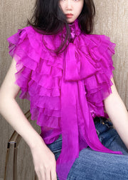 Fashion Black Layered Ruffled Stand Collar Bow Shirts Summer