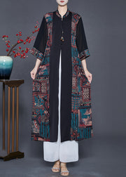 Fashion Black Mandarin Collar Patchwork Print Silk Cardigans Fall