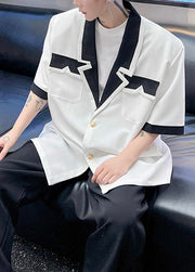 Fashion Black Notched Button Patchwork Cotton Men's Shirts Summer