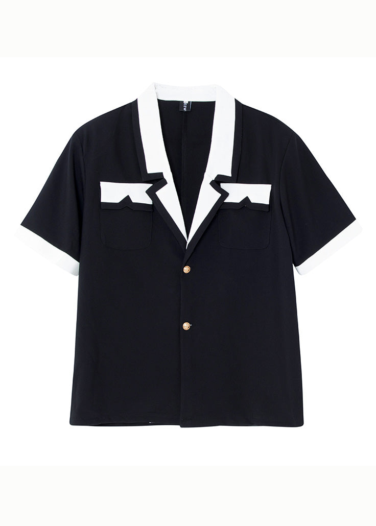 Fashion Black Notched Button Patchwork Cotton Men&