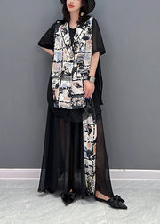 Fashion Black Notched Print Patchwork Chiffon Coats And Skirts Two Pieces Set Fall