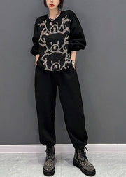 Fashion Black O-Neck Animal Print Pullover And Pants Two Pieces Set Fall