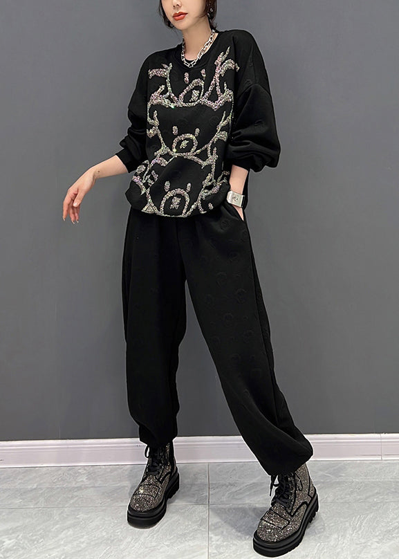 Fashion Black O-Neck Animal Print Pullover And Pants Two Pieces Set Fall