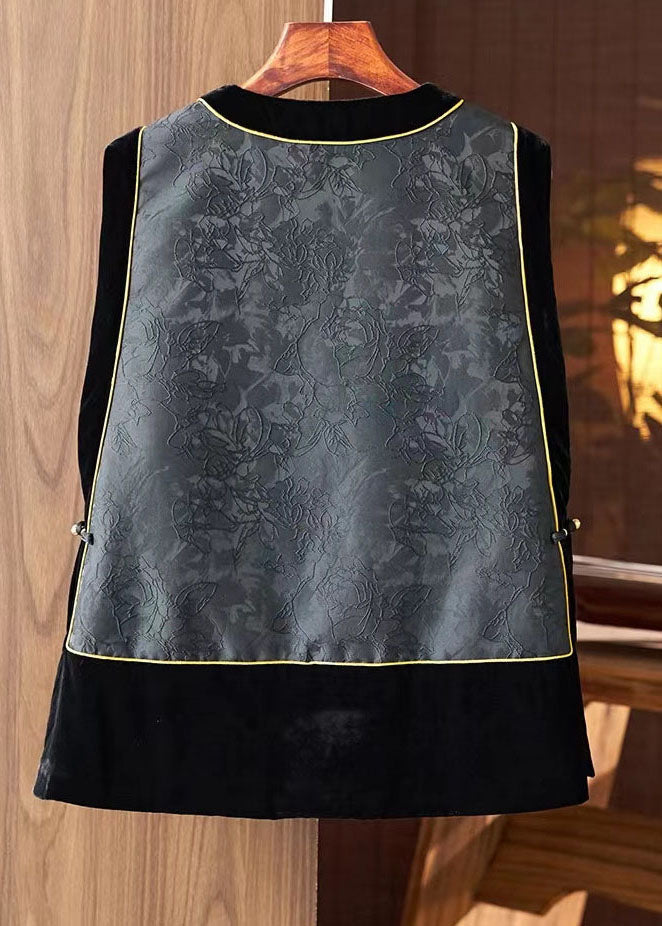 Fashion Black O-Neck Embroideried Silk Patchwork Waistcoat Sleeveless