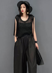 Fashion Black O-Neck Hollow Out Lace Patchwork Cotton Vest Tops And Wide Leg Pants Two Pieces Set Summer