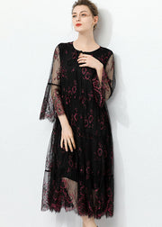 Fashion Black O Neck Hollow Out Lace Patchwork Tulle Dress Summer