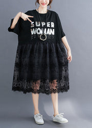 Fashion Black O-Neck Lace Patchwork Cotton Holiday Dress Half Sleeve