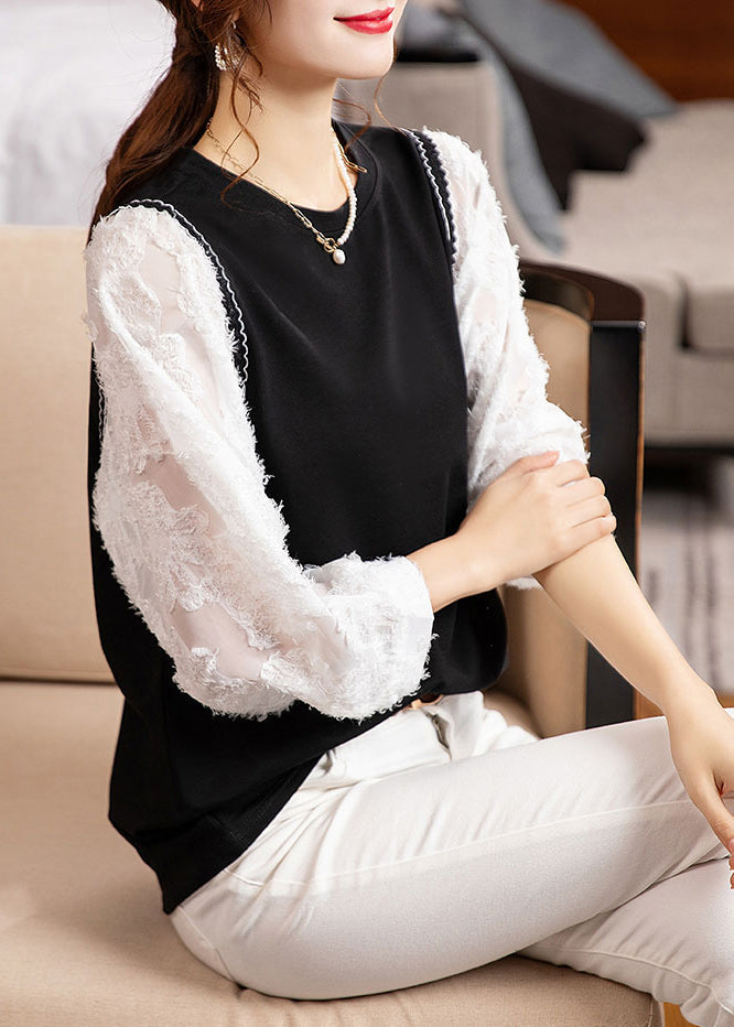 Fashion Black O Neck Patchwork Cotton Blouse Top Fall