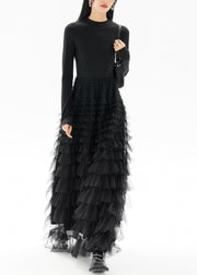 Fashion Black O-Neck Patchwork Tulle Long Dresses Fall