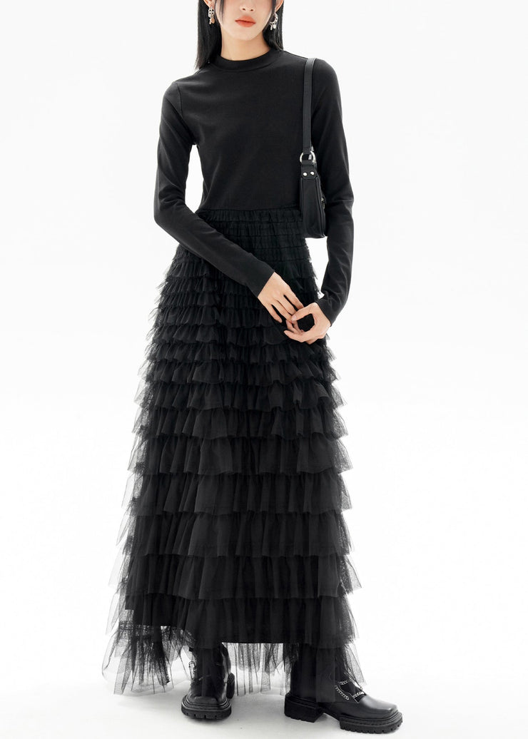 Fashion Black O-Neck Patchwork Tulle Long Dresses Fall