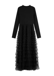 Fashion Black O-Neck Patchwork Tulle Long Dresses Fall