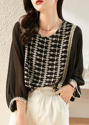 Fashion Black O-Neck Print Patchwork Chiffon Shirt Long Sleeve