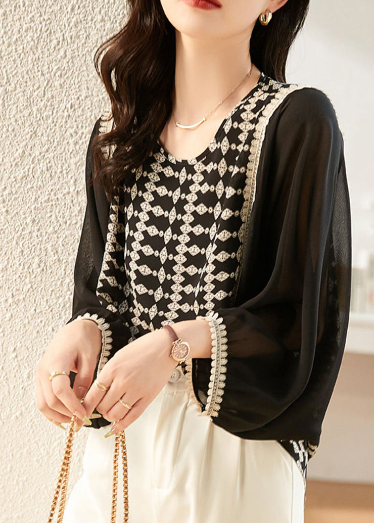 Fashion Black O-Neck Print Patchwork Chiffon Shirt Long Sleeve