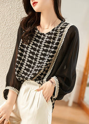 Fashion Black O-Neck Print Patchwork Chiffon Shirt Long Sleeve