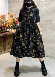 Fashion Black O-Neck Print Pockets Cotton Long Dress Sleeveless