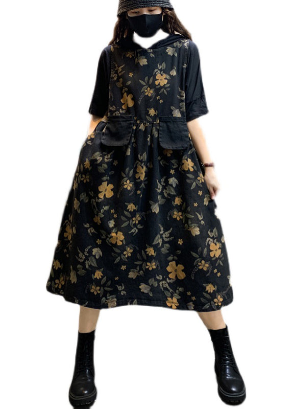 Fashion Black O-Neck Print Pockets Cotton Long Dress Sleeveless