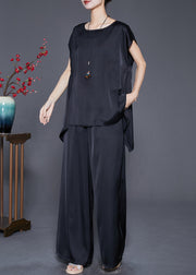 Fashion Black Oversized Draping Ice Silk Two Pieces Set Sleeveless