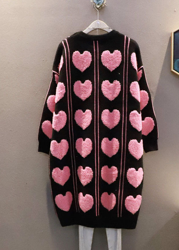 Fashion Black Oversized Loving Heart Jacquard Long Knit Dress Winter