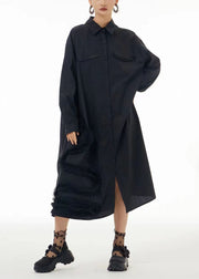 Fashion Black Oversized Patchwork Wrinkled Cotton Shirt Dress Spring