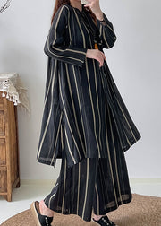 Fashion Black Oversized Striped Linen Silk Two Pieces Set Fall