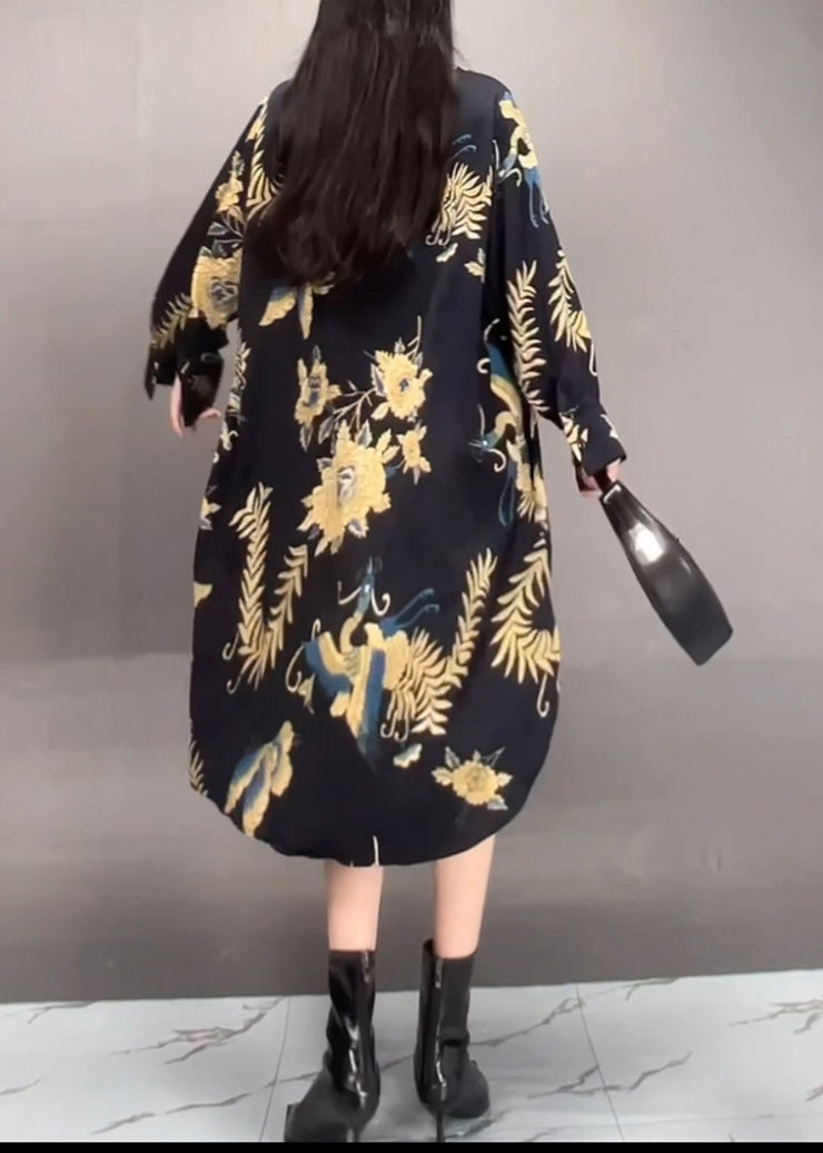 Fashion Black Peter Pan Collar Asymmetrical Print Long Dress Fall