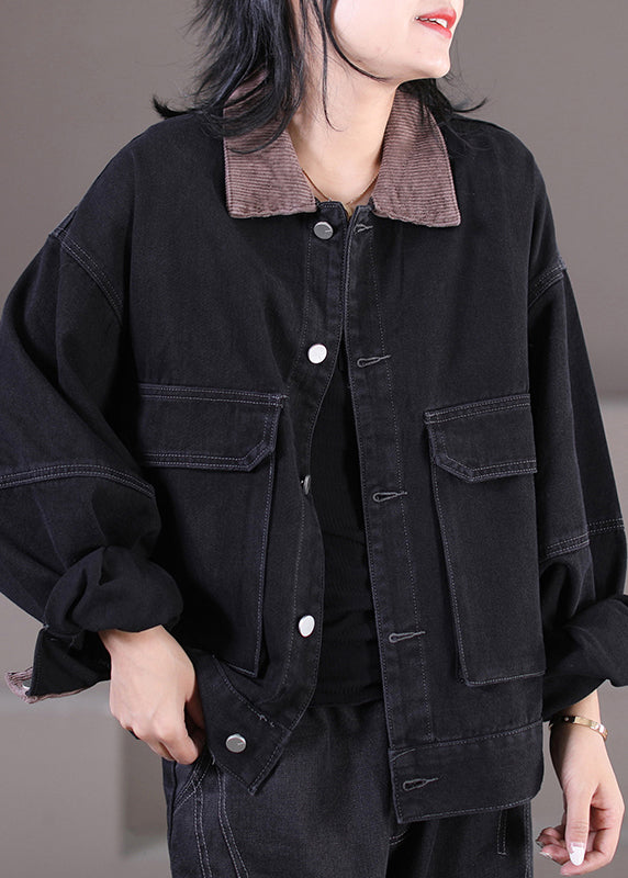 Fashion Black Peter Pan Collar Corduroy Patchwork Button Denim Coats Fall