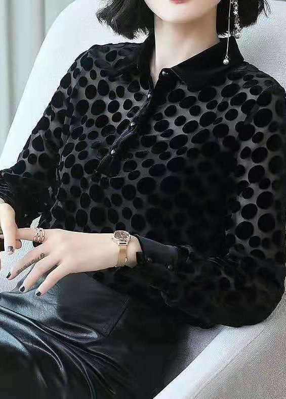 Fashion Black Peter Pan Collar Dot Hollow Out Silk Velour Shirt Tops Long Sleeve