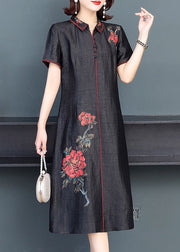 Fashion Black Peter Pan Collar Embroideried Silk Dress Summer