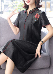 Fashion Black Peter Pan Collar Embroideried Silk Dress Summer