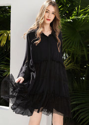 Fashion Black Peter Pan Collar Lace Patchwork Chiffon Holiday Dress Spring