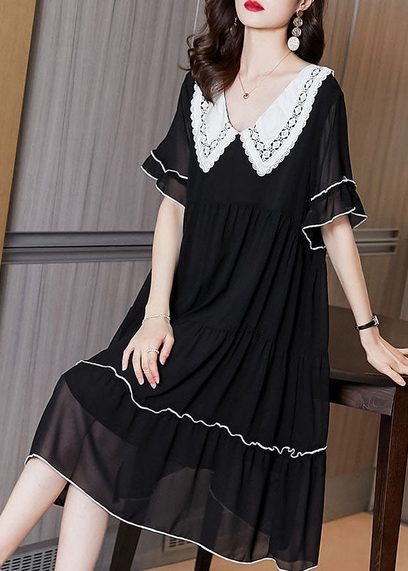 Fashion Black Peter Pan Collar Patchwork Chiffon Maxi Dresses Summer