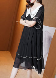 Fashion Black Peter Pan Collar Patchwork Chiffon Maxi Dresses Summer