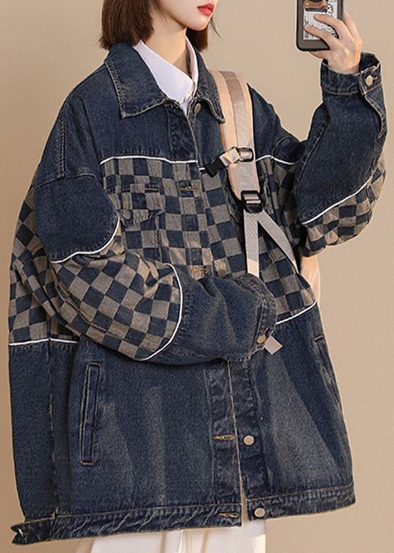 Fashion Black Peter Pan Collar Plaid Patchwork Button Cotton Denim Coat Fall