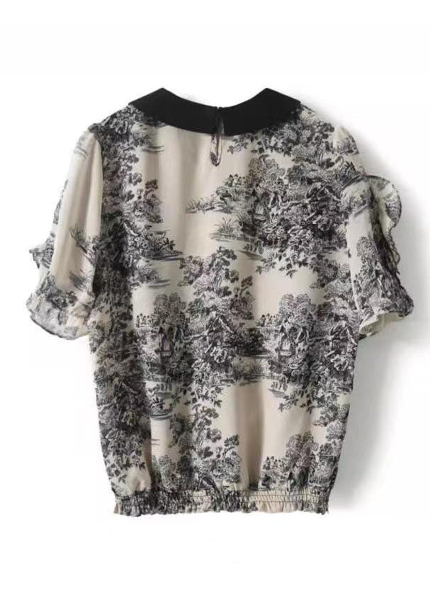 Fashion Black Peter Pan Collar Print Patchwork Chiffon Shirt Summer