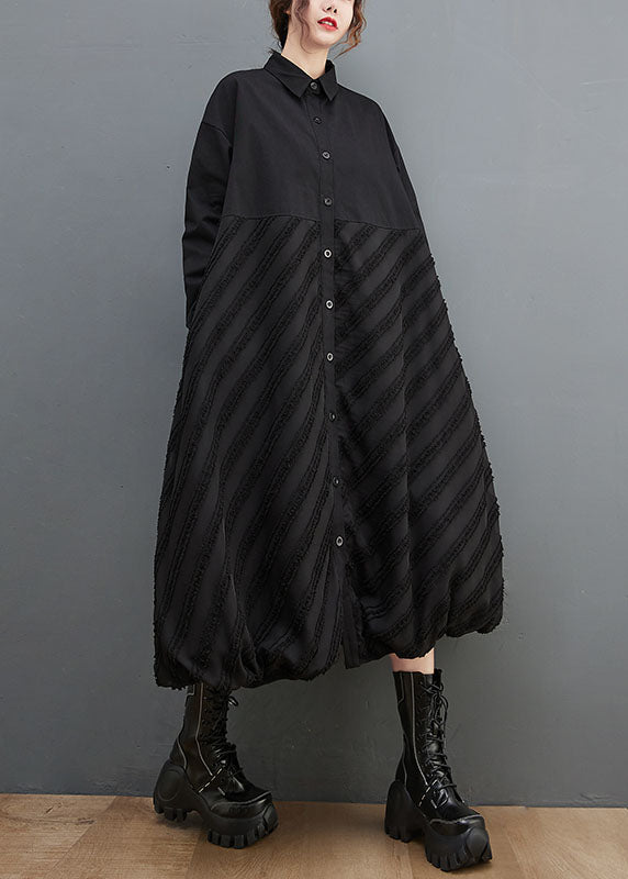 Fashion Black Peter Pan Collar Striped Patchwork Button Long Shirts Dresses Long Sleeve